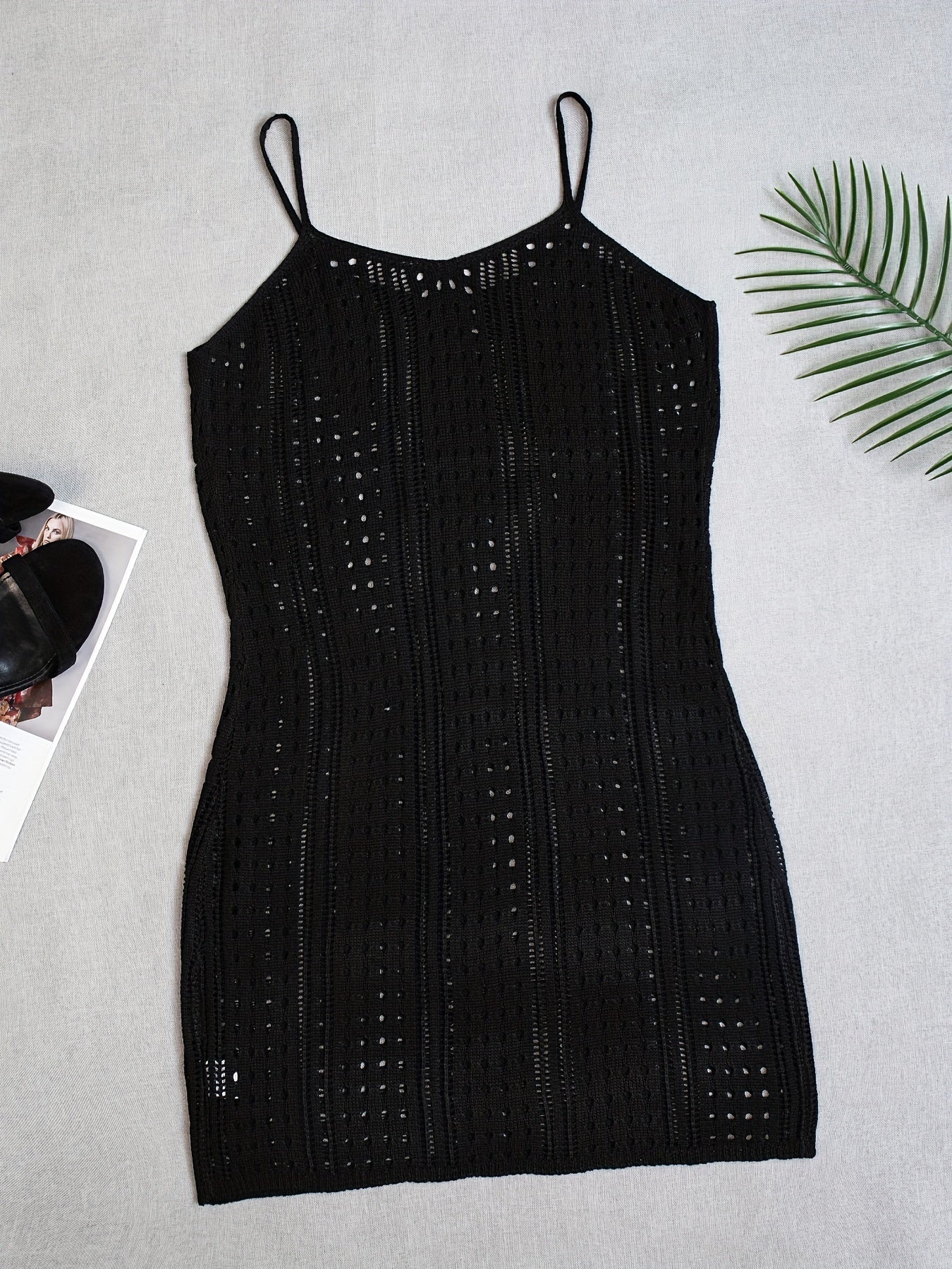 gbolsos  Khaki See Through Cover Up Dress, Round Neck Spaghetti Straps Crochet Cover Up Dress, Women's Swimwear & Clothing