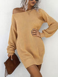 gbolsos   Plus Size Casual Sweater Dress, Women's Plus Solid One Shoulder Long Sleeve Mini Knit Dress