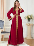 Lace Trim Kaftan Dress, Elegant V Neck Long Sleeve Maxi Dress, Women's Clothing