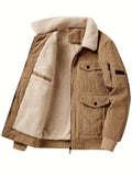 Men's Trendy Corduroy Jacket, Casual Lapel Zip Up Warm Fleece Coat For Outdoor Fall Winter