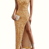 Sequined One Shoulder Split Dress, Elegant Bodycon Dress For Party & Banquet, Women's Clothing