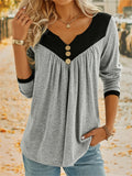 Women's Color Block V-Neck Long Sleeve Tops, Casual Daily Pullover T-Shirts, Women's Clothing