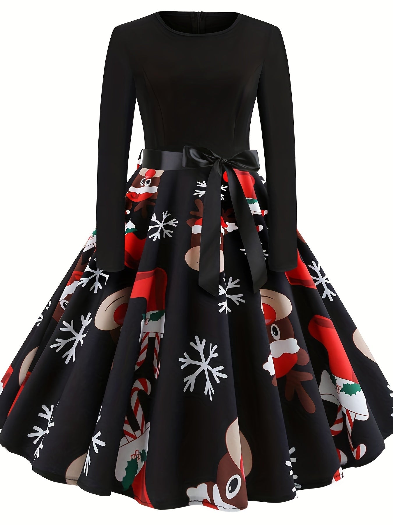 gbolsos  Plus Size Christmas Retro Dress, Women's Plus Snowflake & Bell Print Long Sleeve Round Neck A-line Party Dress