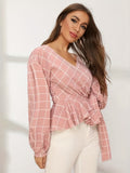 Plaid Print Surplice Neck Blouse, Casual Long Sleeve Blouse For Spring & Fall, Women's Clothing