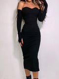 Women's Dresses Women Fall Sexy V Neck Knit Long Sleeve Solid Ribbed Bodycon Midi Dresses