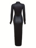 Body Shape Print Dress, Sexy Mock Neck Long Sleeve Bodycon Maxi Dress With Thumb Hole, Women's Clothing