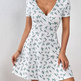 gbolsos  Short Sleeve V Neck Dress, Floral Print Casual Dress For Summer & Spring, Women's Clothing