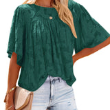 gbolsos  Casual Lace Flare Sleeve Blouse, Short Sleeve Crew Neck Solid Blouse, Casual Every Day Tops, Women's Clothing