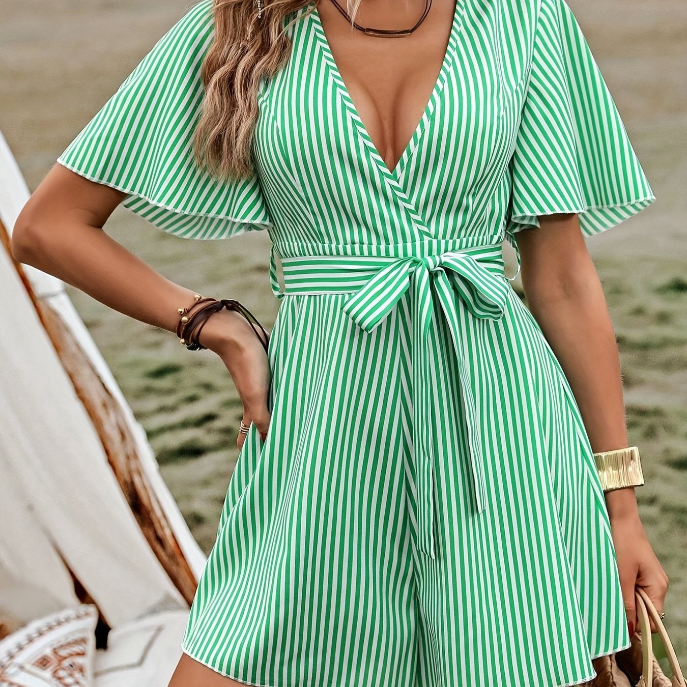 gbolsos  Striped Belted Romper Jumpsuit, Casual V-neck Romper Jumpsuit, Women's Clothing