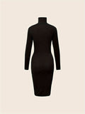 Turtleneck Solid Midi Dress, Elegant Long Sleeve Bodycon Dress, Women's Clothing