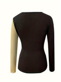 Color Block V-neck T-shirt, Casual Long Sleeve Slim T-shirt For Spring & Fall, Women's Clothing