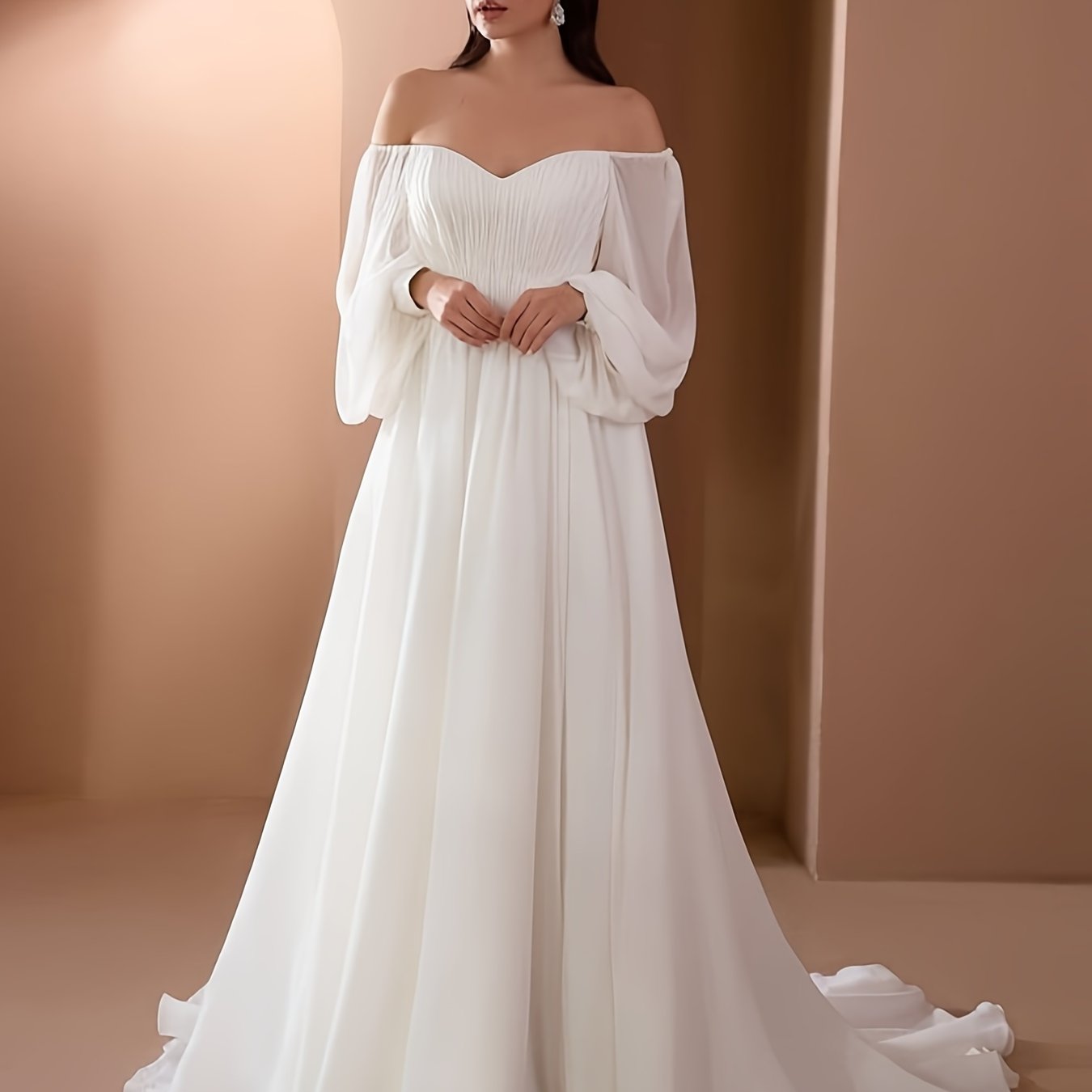 gbolsos  Off Shoulder Gown Wedding Dresses, Elegant Solid Ruched Mopping High Waist Dress For Wedding Party, Women's Clothing