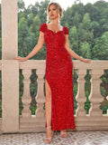 gbolsos  Sequined Split Thigh Dress, Elegant Maxi Dress For Party & Banquet, Women's Clothing