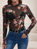 Floral Pattern Mesh Mock Neck T-Shirt, Casual Long Sleeve Top For Spring & Fall, Women's Clothing