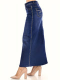 Blue High Stretch Denim Midi Skirt, Slant Pockets High Waist Casual Denim Skirt, Women's Denim Clothing