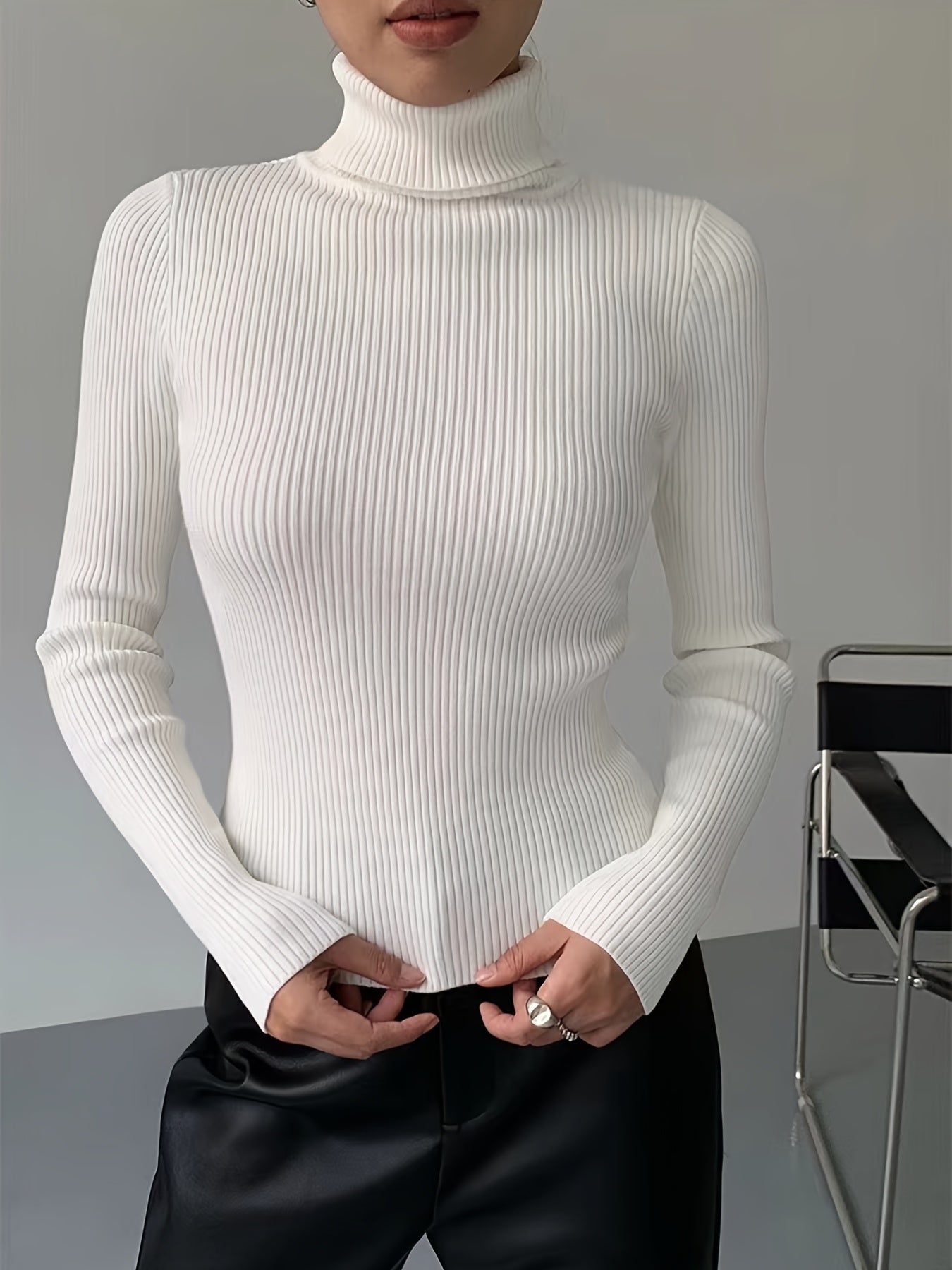 gbolsos  Women's Sweater Turtleneck Solid Ribbed Long Sleeve Slim Pullover Knit Tops