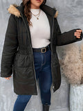 Plus Size Casual Winter Coat, Women's Plus Solid Quilted Fuzzy Trim Hooded Long Sleeve Hooded Nipped Waist Tunic Puffer Coat With Pockets