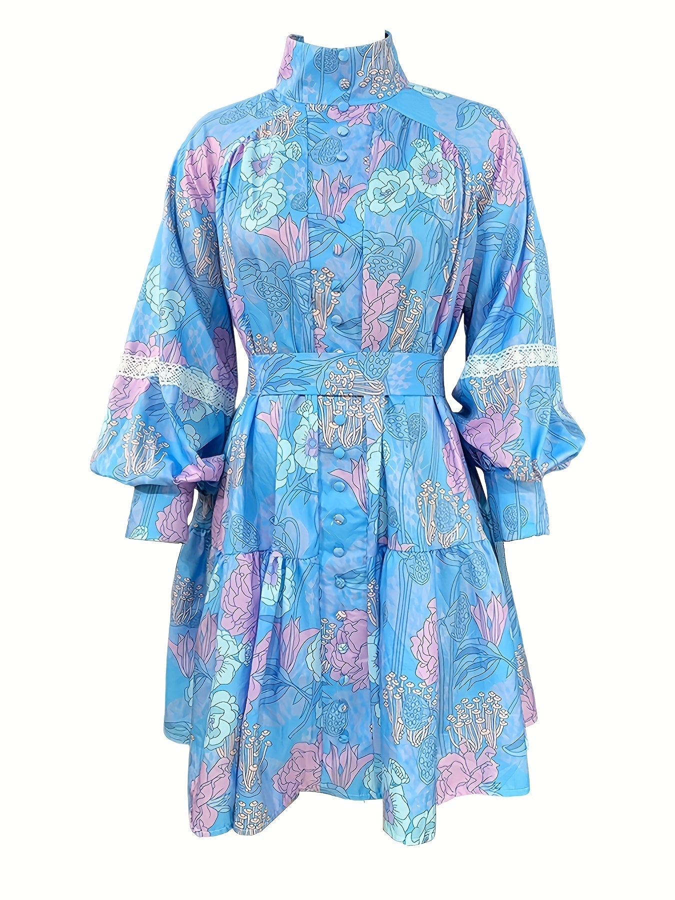 gbolsos  Plus Size Boho Dress, Women's Plus Floral Print Print Contrast Lace Button Decor Lantern Sleeve High Neck Smock Dress With Belt
