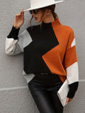 gbolsos  Color Block Turtle Neck Sweater, Casual Long Sleeve Sweater For Fall & Winter, Women's Clothing