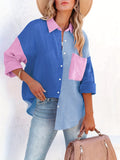 Color Block Stitching Shirt, Casual Pocket Long Sleeve Button Down Shirt, Women's Clothing