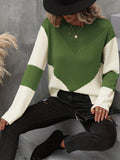 gbolsos  Color Block Crew Neck Sweater, Casual Long Sleeve Split Side Sweater, Women's Clothing