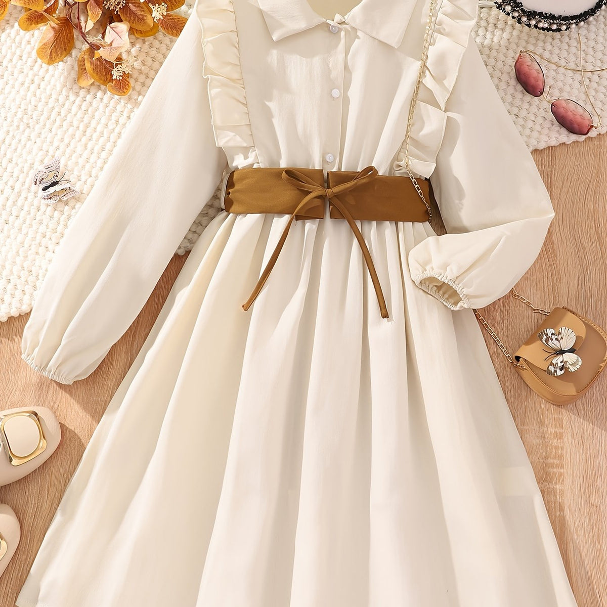 Girl's Casual Dress Button Collar Belted Pleated A Line Midi Dress Long Sleeve Ruffle Trim Shirt Dresses