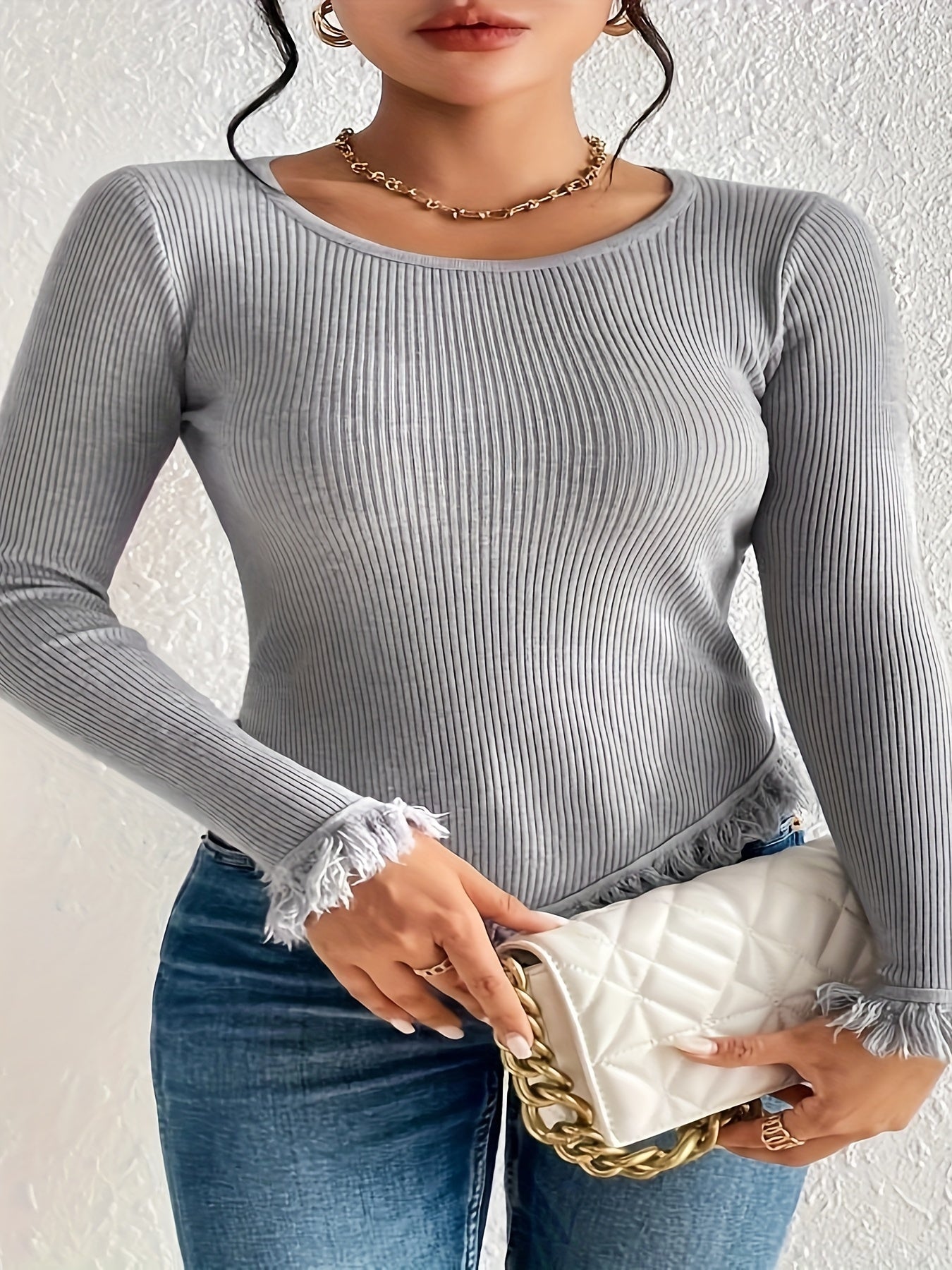 gbolsos  Solid Tassel Trim Slim Knitted Top, Casual Crew Neck Long Sleeve Sweater, Women's Clothing