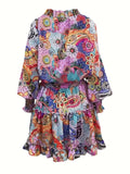 Paisley Print Mini Dress, Long Sleeve Casual Dress, Women's Clothing