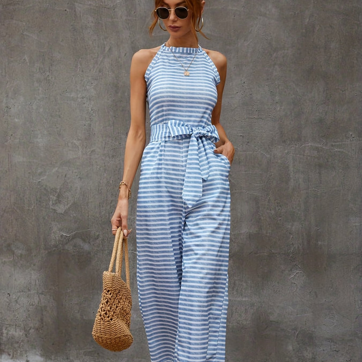 gbolsos  Striped Wide Leg Tie Front Jumpsuit, Boho Sleeveless Jumpsuit For Spring & Summer, Women's Clothing