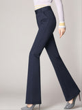 Long Flare Leg Pants, Casual High Waist Work Solid Elastic Pockets Fashion Pants, Women's Clothing