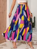 Geo Print Pleated Skirts, Casual High Waist Maxi Skirts, Women's Clothing