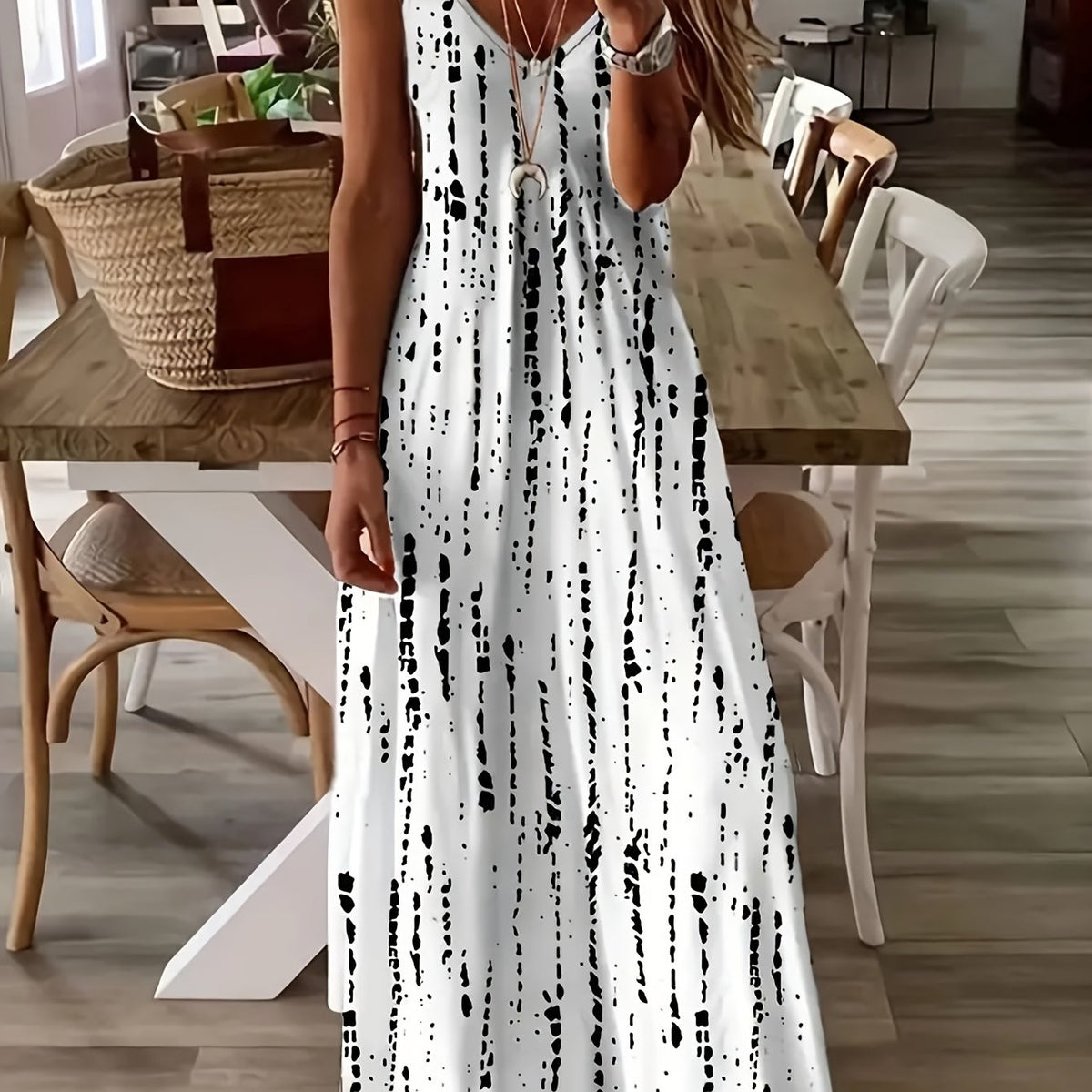 Abstract Print Spaghetti Strap Dress, Casual V Neck Maxi Dress, Women's Clothing