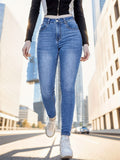 gbolsos  Stretchy Whiskering Skinny Jeans, Medium Blue High Rise Slash Pocket Denim Pants, Women's Denim Jeans & Clothing