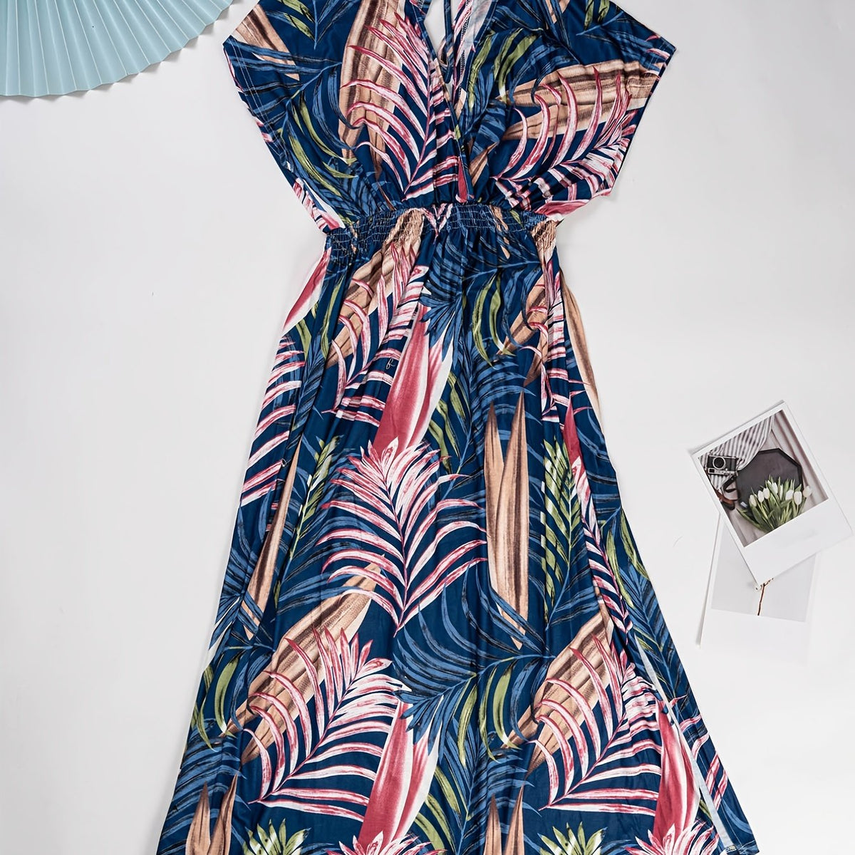 Tropical Print Tie Back Dress, Boho Shirred Short Sleeve V Neck Dress, Women's Clothing