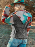 Multicolor Aztec Print Frayed Hem Denim Jacket, Street Pockets Loose Outerwear, Women's Clothing