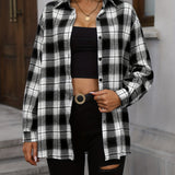 Casual Plaid Button Loose Blouses, Gingham V-neck Long Sleeve Fit Fashion Tops, Women's Clothing