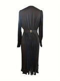 gbolsos  Pleated Solid V Neck Dress, Elegant Long Sleeve Dress For Spring & Fall, Women's Clothing