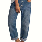 gbolsos  Blue Loose Fit Straight Jeans, Single Breasted Button Slant Pockets Denim Trousers, Women's Denim Jeans & Clothing