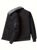 Men's Trendy Corduroy Jacket, Casual Lapel Zip Up Warm Fleece Coat For Outdoor Fall Winter