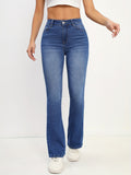 gbolsos  Stretchy Washed Blue Boot-Cut Jeans, High Rise Stylish Slash Pocket Denim Pants, Women's Denim Jeans & Clothing