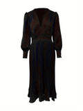 gbolsos  Pleated Solid V Neck Dress, Elegant Long Sleeve Dress For Spring & Fall, Women's Clothing