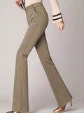 Long Flare Leg Pants, Casual High Waist Work Solid Elastic Pockets Fashion Pants, Women's Clothing