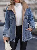 gbolsos  Plus Size basic Denim Jacket, Women's Plus Fleece Liner Long Sleeve Warm Winter Denim Jacket With Flap Pockets