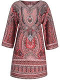 Tribal Print V Neck 3/4 Sleeve Summer Dress, Bohemian Loose Casual Beach Vacation Dress, Women's Clothing