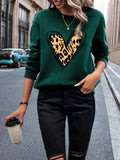 Leopard Heart Print Sweatshirt, Casual Long Sleeve Crew Neck Sweatshirt, Women's Clothing