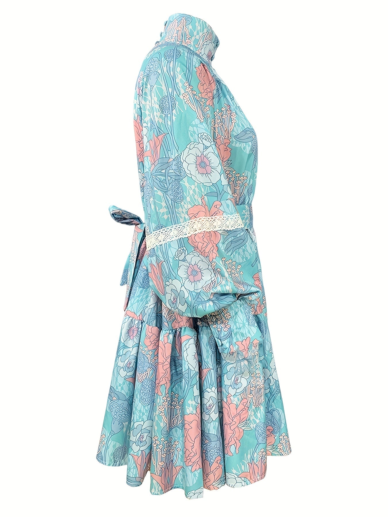 gbolsos  Plus Size Boho Dress, Women's Plus Floral Print Print Contrast Lace Button Decor Lantern Sleeve High Neck Smock Dress With Belt