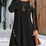 Asymmetrical Hem Solid Dress, Casual Crew Neck Long Sleeve Dress With Buttons, Women's Clothing