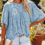 gbolsos  Casual Lace Flare Sleeve Blouse, Short Sleeve Crew Neck Solid Blouse, Casual Every Day Tops, Women's Clothing