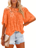 gbolsos  Casual Lace Flare Sleeve Blouse, Short Sleeve Crew Neck Solid Blouse, Casual Every Day Tops, Women's Clothing