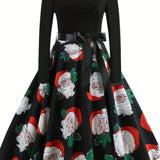 gbolsos  Plus Size Christmas Retro Dress, Women's Plus Snowflake & Bell Print Long Sleeve Round Neck A-line Party Dress